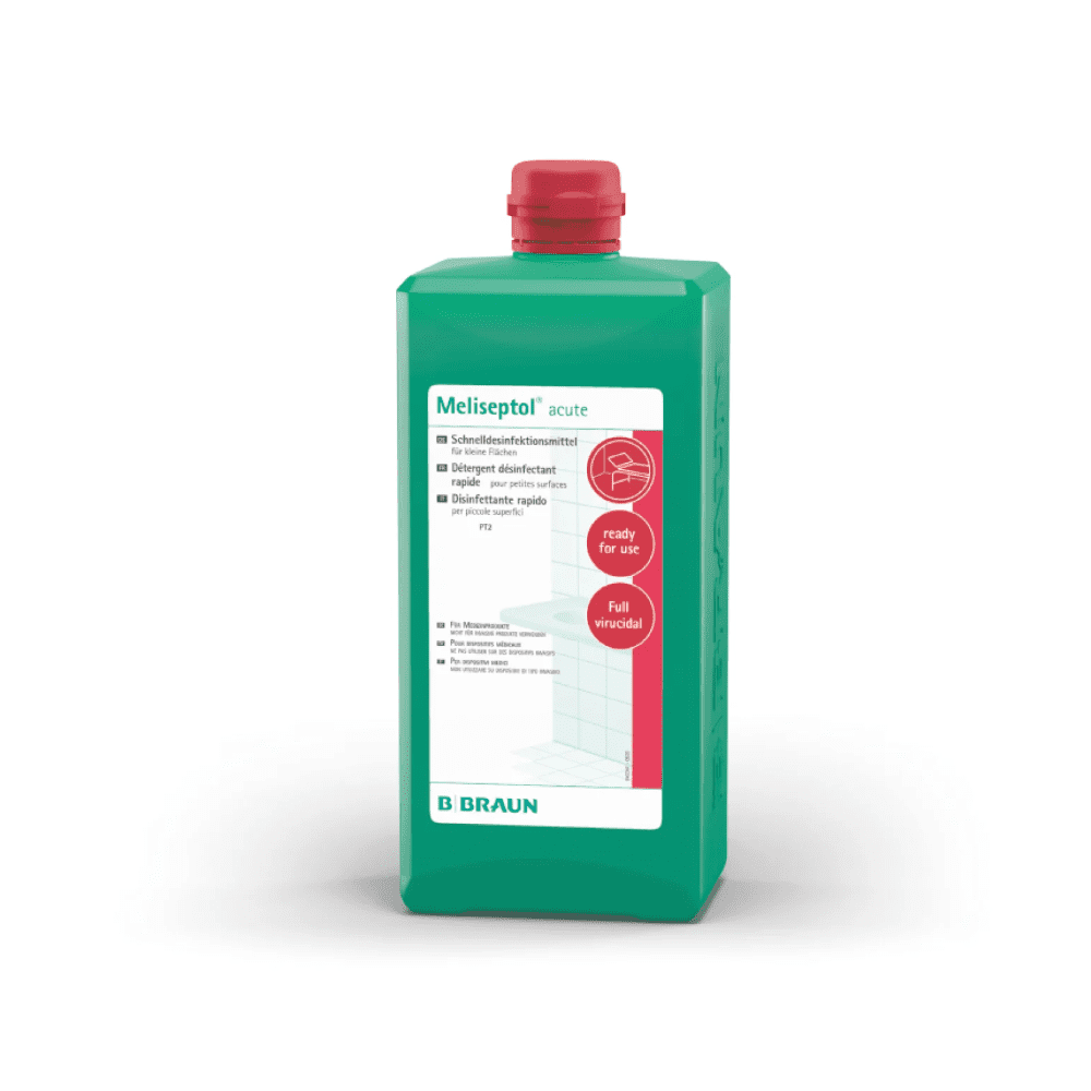 A rectangular green bottle with a red cap and the inscription “B. Braun Meliseptol® acute surface disinfection” is ready to use and effectively disinfects alcohol-resistant surfaces. The brand name “B. Braun Deutschland GmbH & Co. KG” is prominently displayed at the bottom edge of the label.