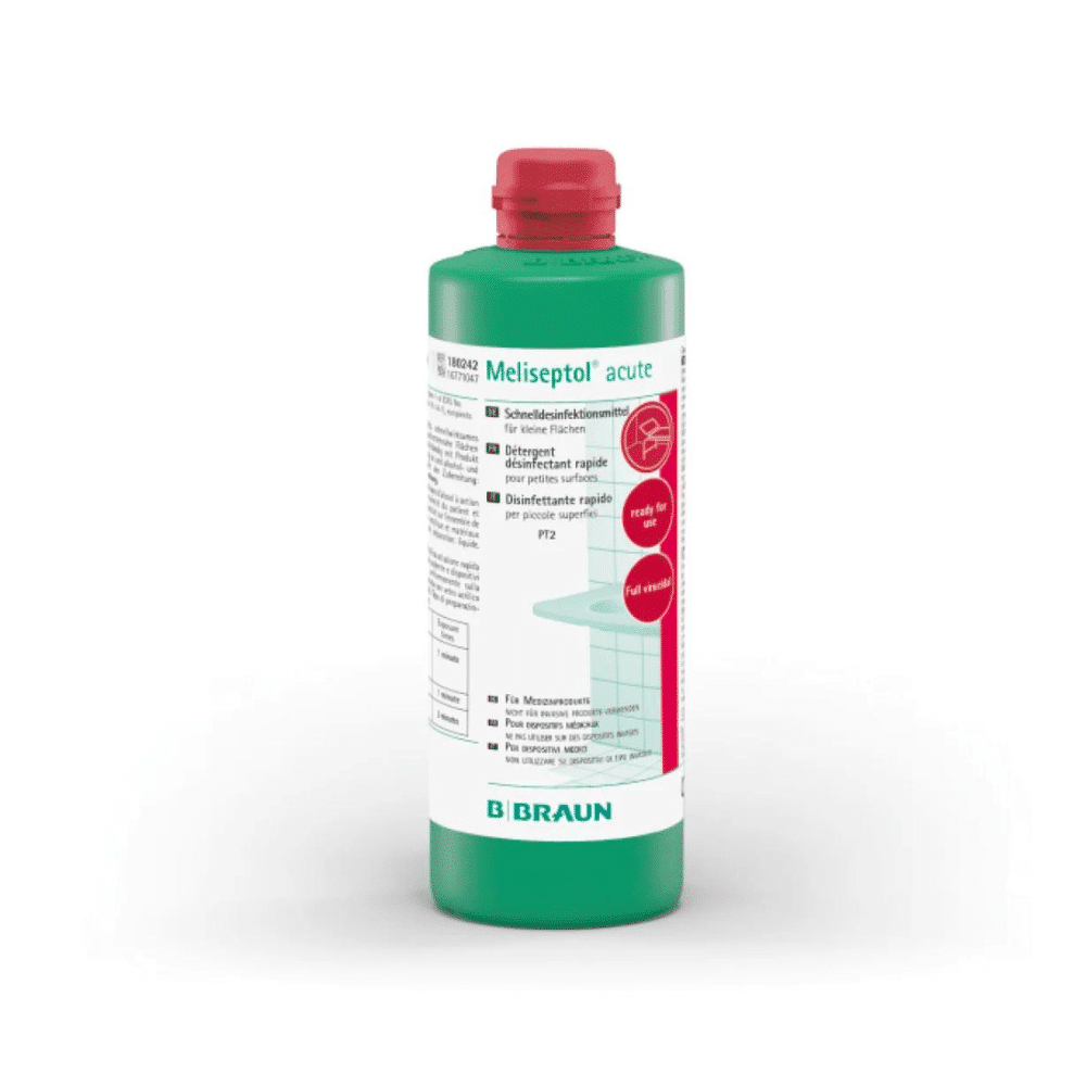 A bottle of B. Braun Meliseptol® acute surface disinfection with a red cap and green label. The logo of B. Braun Deutschland GmbH & Co. KG is clearly visible at the bottom. The label features text and symbols indicating the disinfection properties and rapid effectiveness on alcohol-resistant surfaces for a comprehensive virucidal effect.