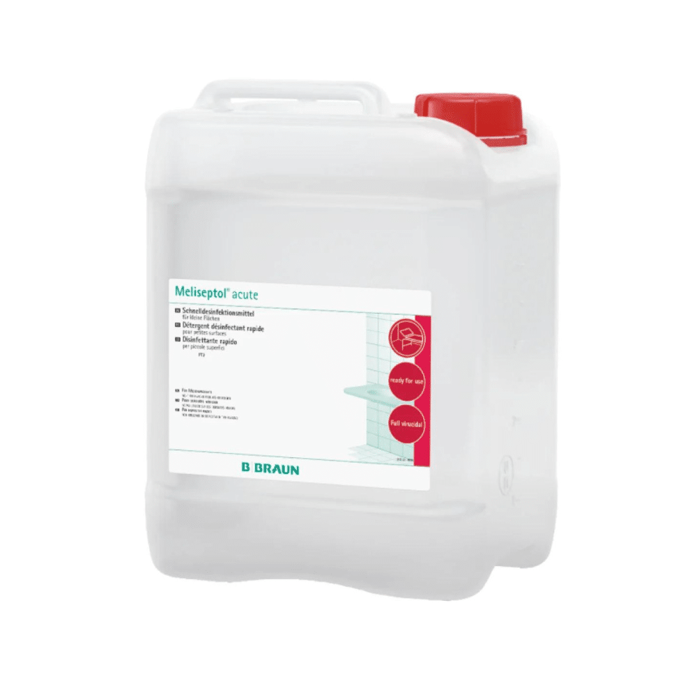 A B. Braun Meliseptol® acute surface disinfection container with a white body and red cap is designed for use on alcohol-resistant surfaces and offers comprehensive virucidal properties from B. Braun Deutschland GmbH & Co. KG.
