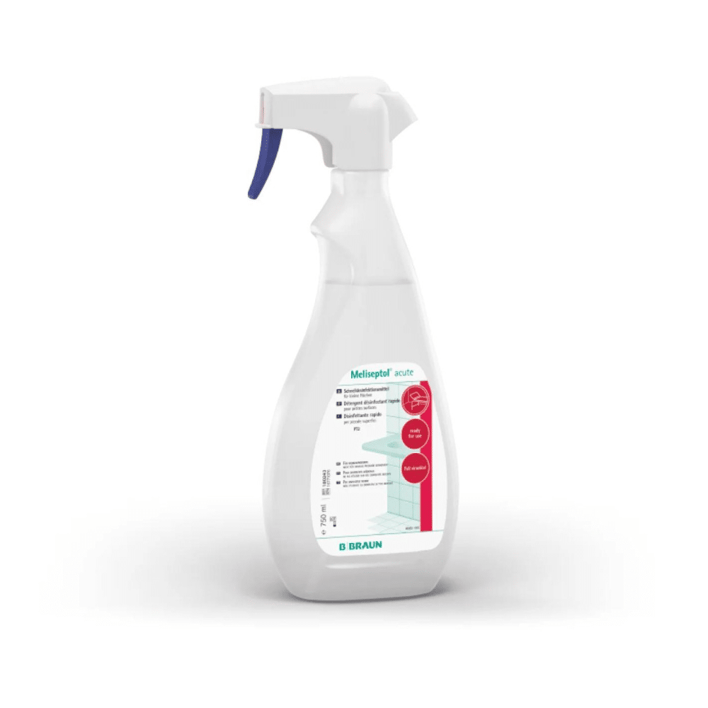 The B. Braun Meliseptol® acute surface disinfectant is delivered in a white spray bottle that features a blue-red label with text and graphics, including the inscription “comprehensively virucidal.” It is equipped with a blue-white spray nozzle and is specially designed for surface disinfectants, making it suitable for alcohol-resistant surfaces. The brand name B. Braun Deutschland GmbH & Co. KG is clearly visible at the bottom of the label.