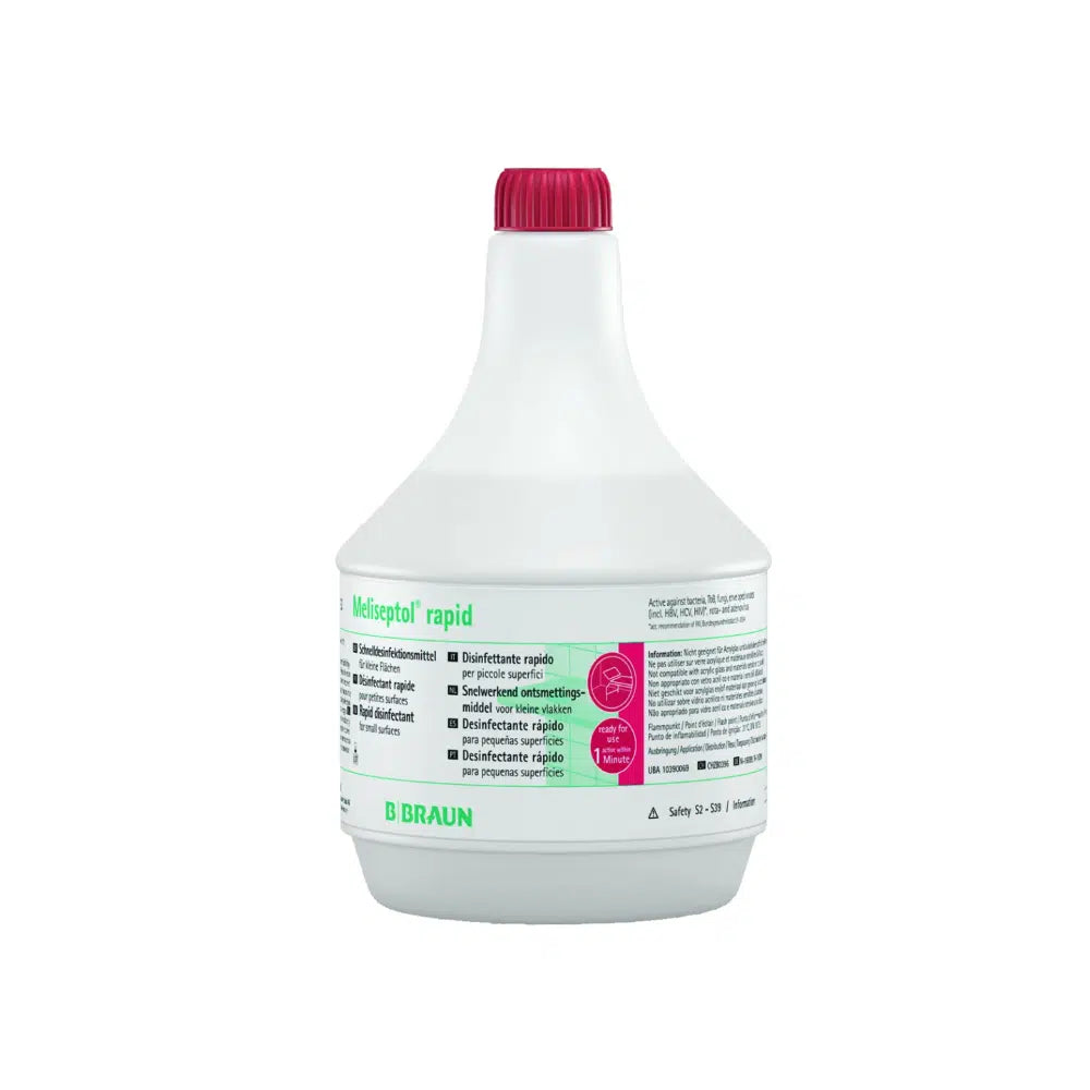 Weiße Kunststoffflasche mit B. Braun Meliseptol® rapid Schnelldesinfektion mit rosa Verschluss und mehrsprachigem Etikett, von vorne auf einfarbigem Hintergrund. Dieses viruzide Oberflächendesinfektionsmittel