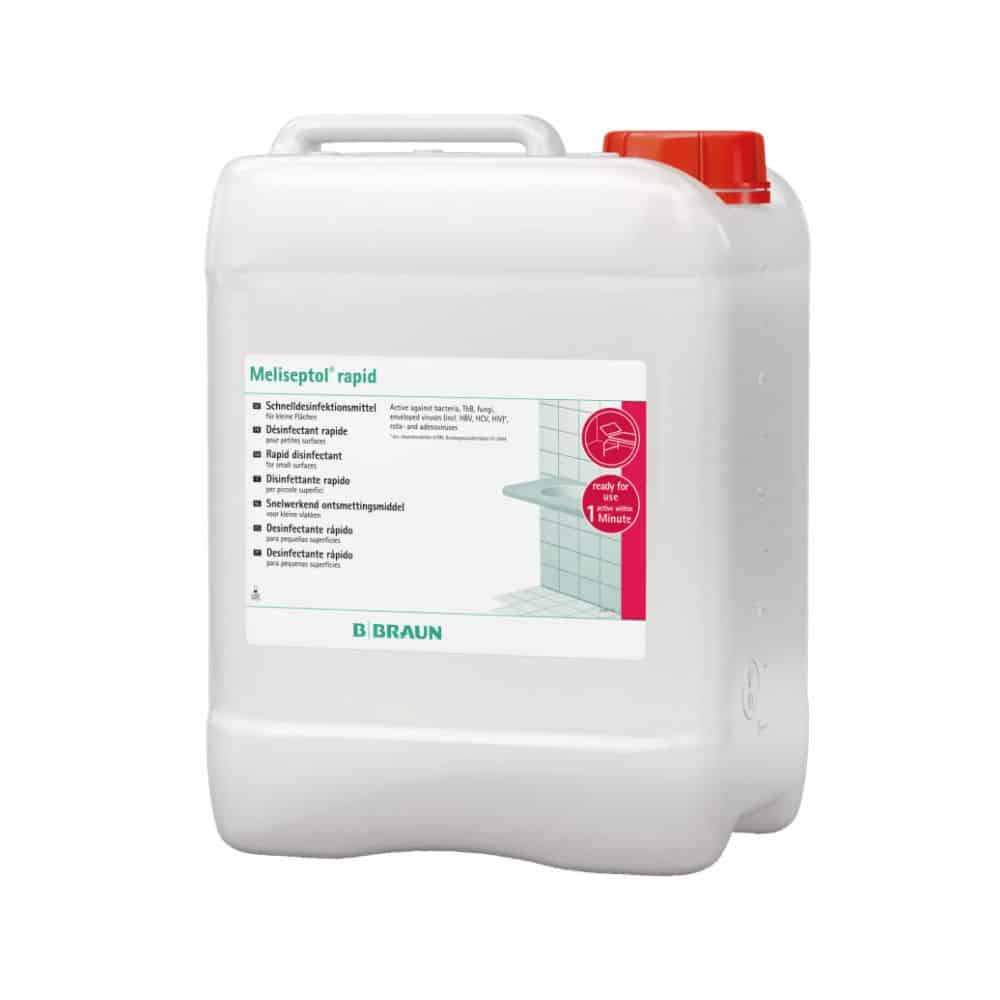 Ein weißer Kunststoffkanister mit rotem Deckel, aufgedruckt „B. Braun Meliseptol® rapid Schnelldesinfektion“, ein Produkt der B. Braun Melsungen AG, zur Schnelldesinfektion medizinischer Oberflächen.