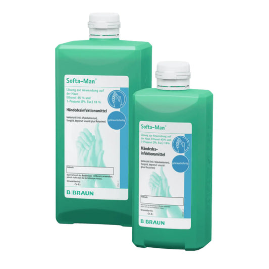 Zwei Flaschen B. Braun Softa-Man® Händedesinfektionsmittel der B. Braun Melsungen AG, eine größere und eine kleinere Flasche, beide in grün mit Produktinformationsetiketten in blau und weiß, mit viruzider Wirkung