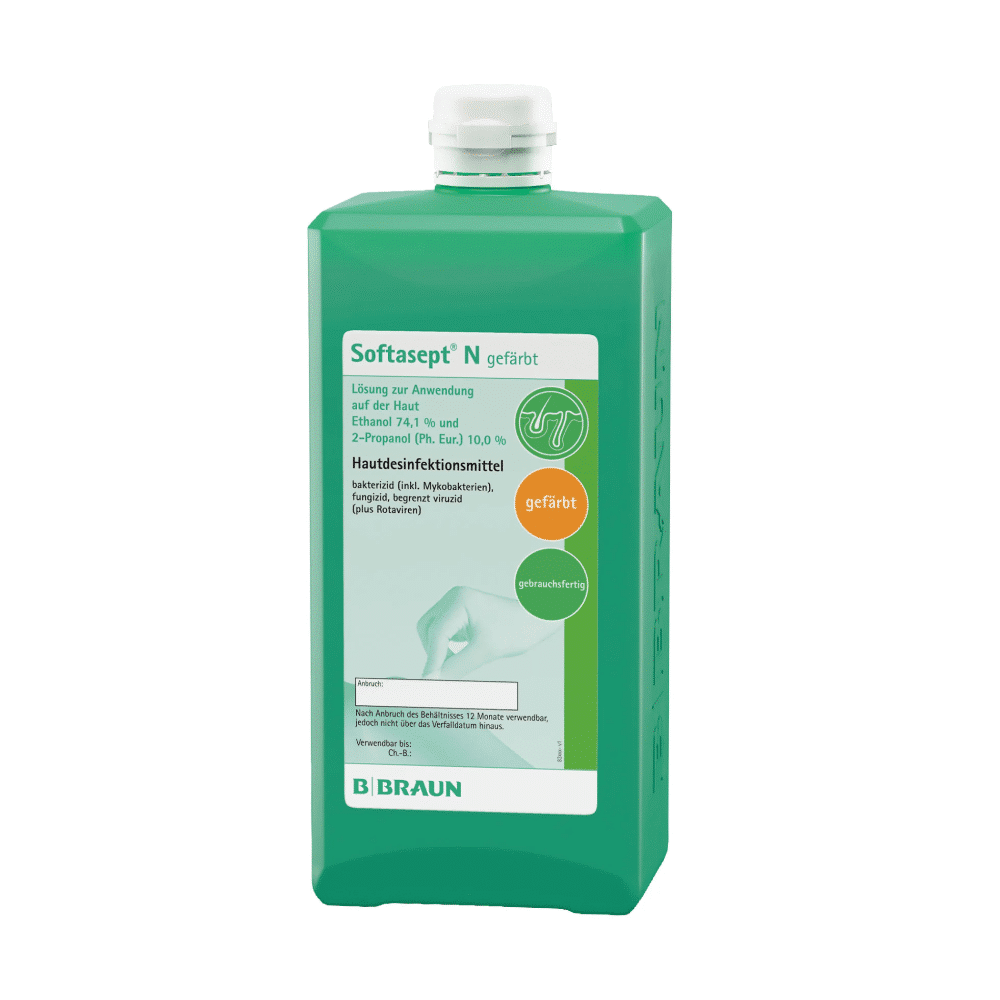 Eine grüne Flasche B. Braun Softasept® N Hautdesinfektionsmittel, gefärbt von B. Braun Melsungen AG mit weißer Kappe und Etikett mit Anleitung und Logos.