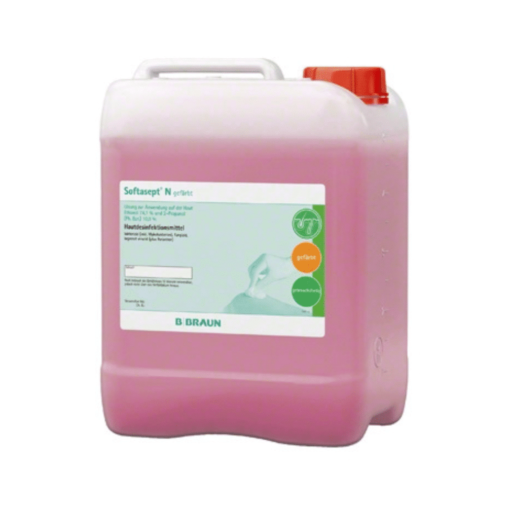 Ein Fünf-Liter-Behälter mit B. Braun Softasept® N Hautdesinfektionsmittel, gefärbt, einer rosafarbenen chirurgischen Hautantiseptikum-Lösung der Marke B. Braun Melsungen AG, mit einem weiß-grünen Etikett und einer roten Kappe, ist DGH