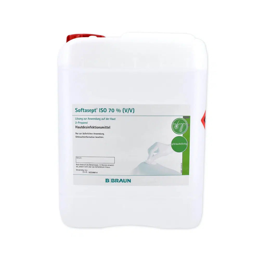 Ein großer weißer Kunststoffbehälter mit rotem Henkel, beschriftet mit „B. Braun Softasept ISO 70% Hautdesinfektion“ der B. Braun Melsungen AG, vorgesehen zur schnellen Hautdesinfektion und Reinigung.