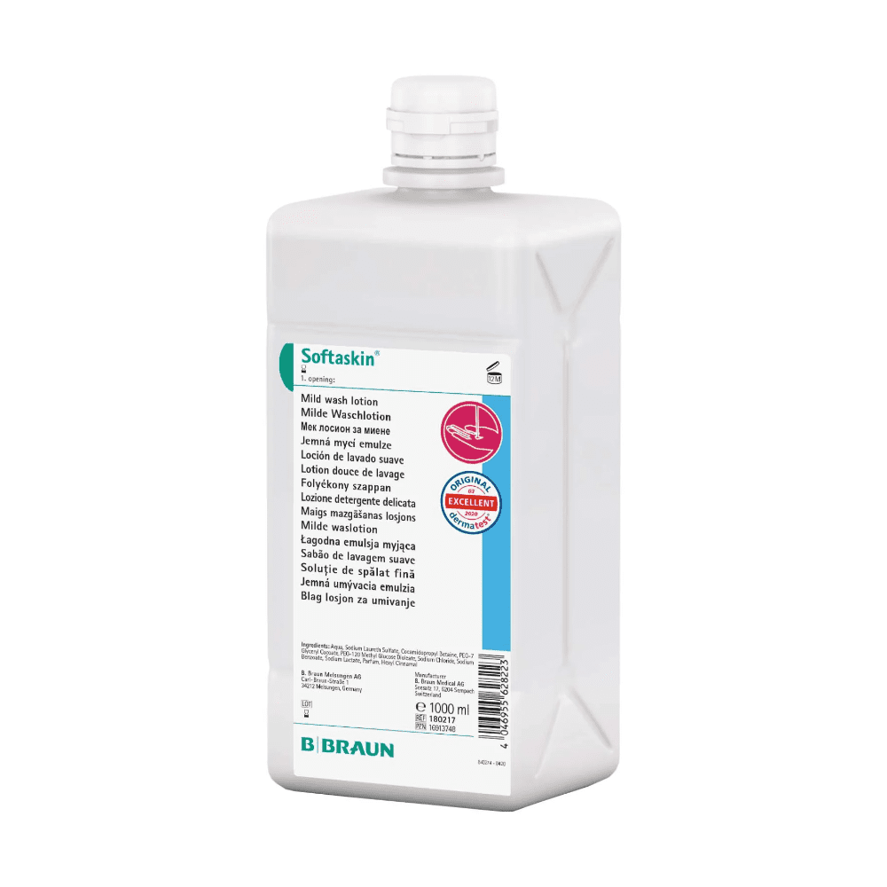 Eine Flasche B. Braun Softaskin® Waschlotion, 1000 ml, mit Etiketten in mehreren Sprachen, einem klinisch getesteten Siegel und einem Pumpspender auf schlichtem weißem Hintergrund.