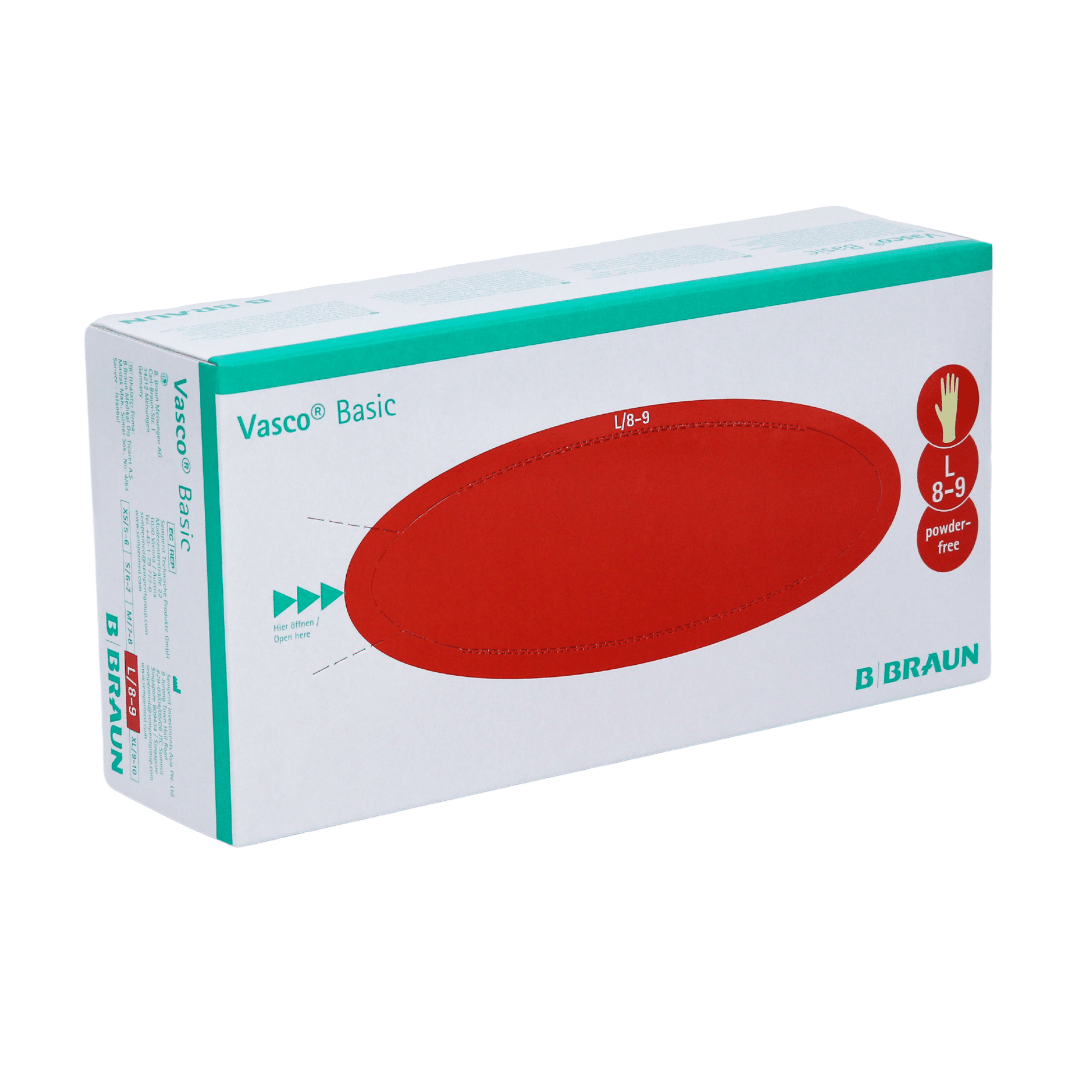 Eine Packung B. Braun Vasco® Basic Latex-Untersuchungshandschuhe in der Größe Medium, geeignet für den puderfreien medizinischen Einsatz als medizinischer Untersuchungshandschuh, abgebildet auf weißem Hintergrund.