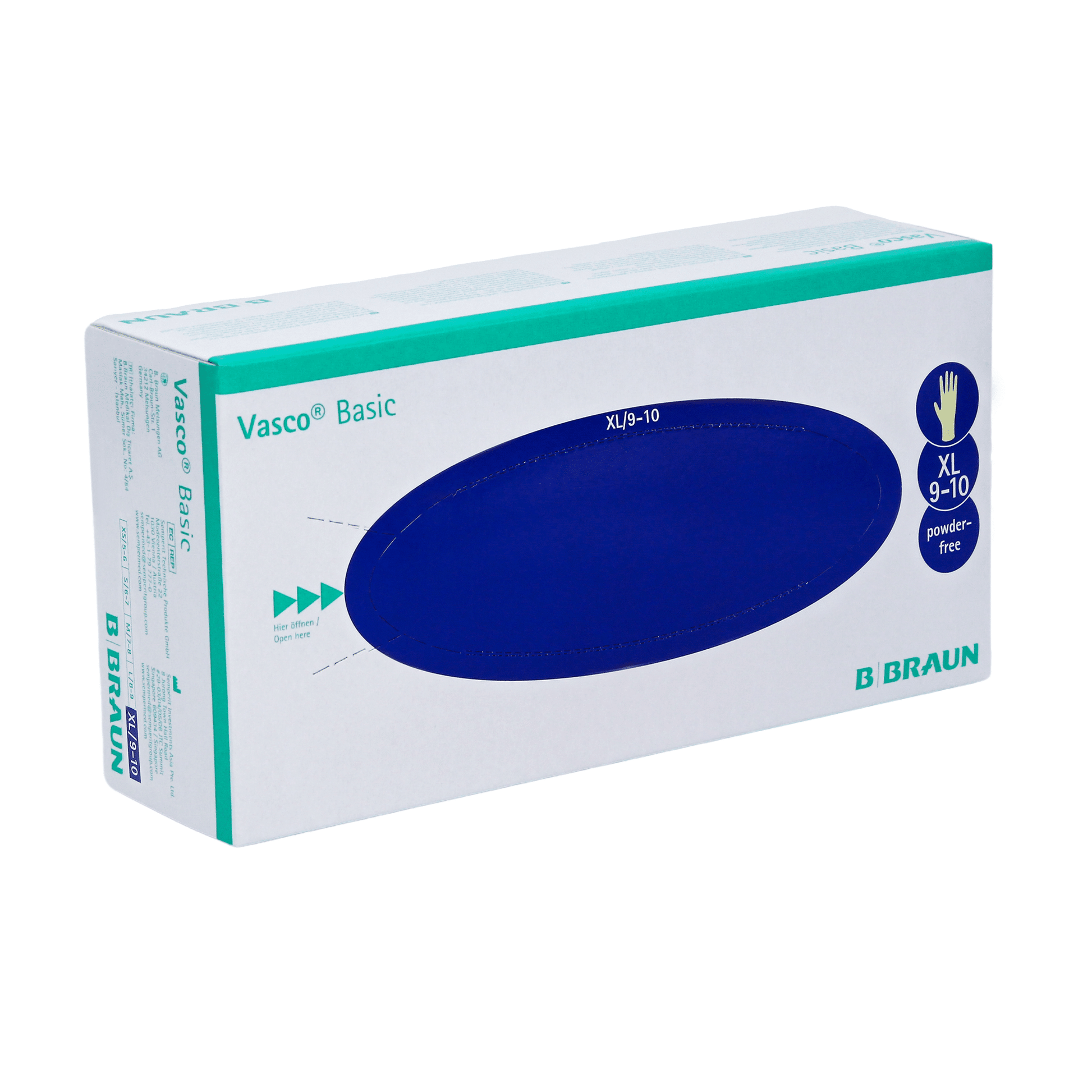 Eine Schachtel B. Braun Vasco® Basic Untersuchungshandschuhe aus Latex von B. Braun Melsungen AG, Größe XL (9-10). Die Verpackung ist überwiegend weiß und blau mit einem Text, der die