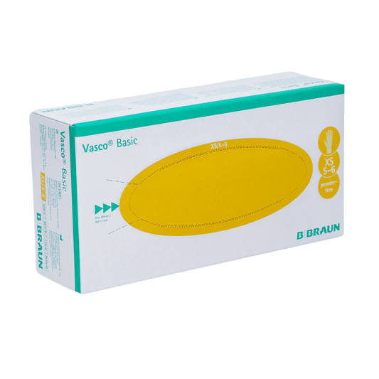 Eine Schachtel B. Braun Vasco® Basic Schutzhandschuhe Größe XS von B. Braun Melsungen AG, latexfrei und puderfrei, auf weißem Hintergrund. Die Verpackung ist gelb-grün gestaltet.