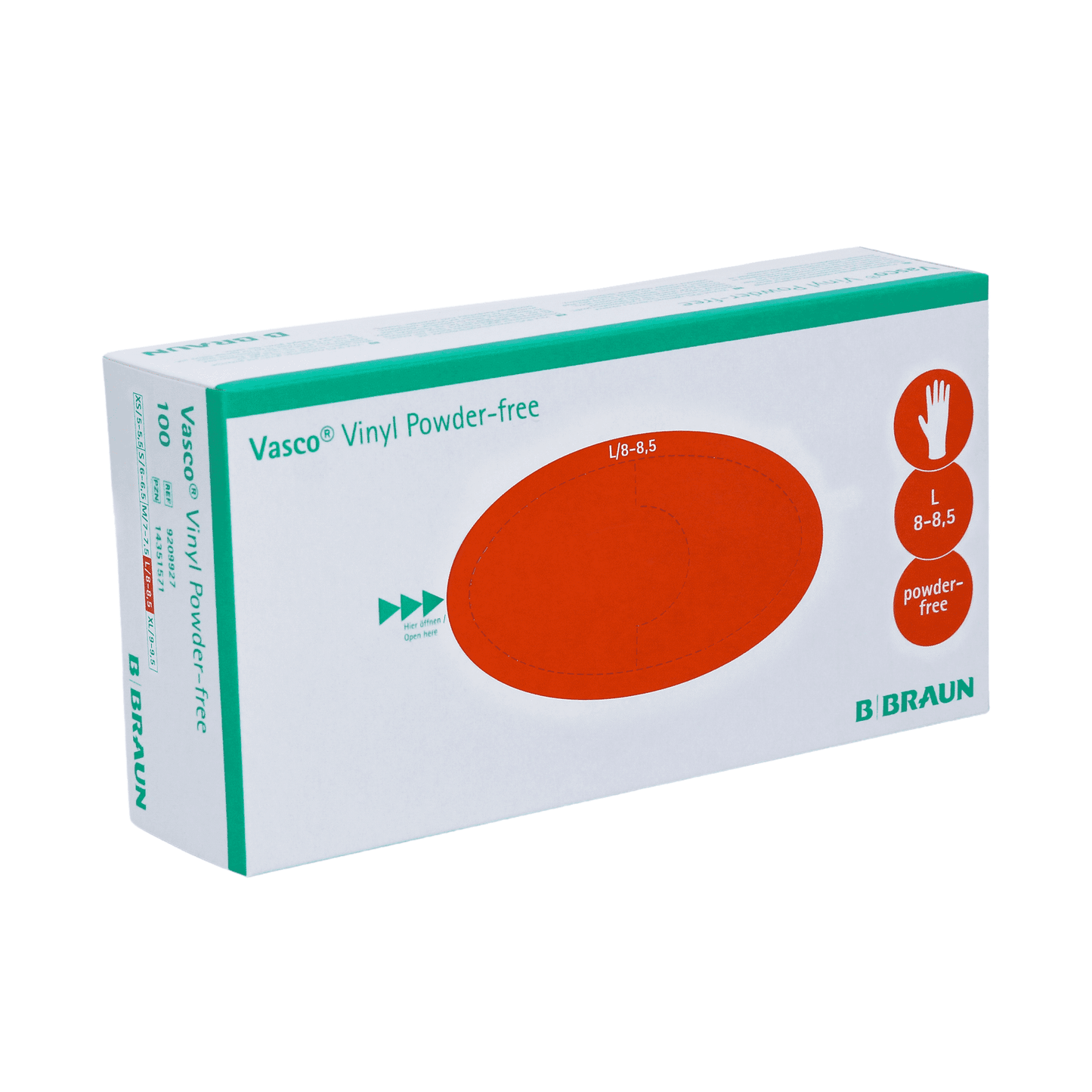 The image shows a box of B. Braun Vasco® Vinyl Powder-free disposable gloves from B. Braun Deutschland GmbH & Co. KG. This large pack (8-8.5) contains 100 vinyl disposable gloves, known for their chemical resistance, with a predominantly white design with green and red accents.