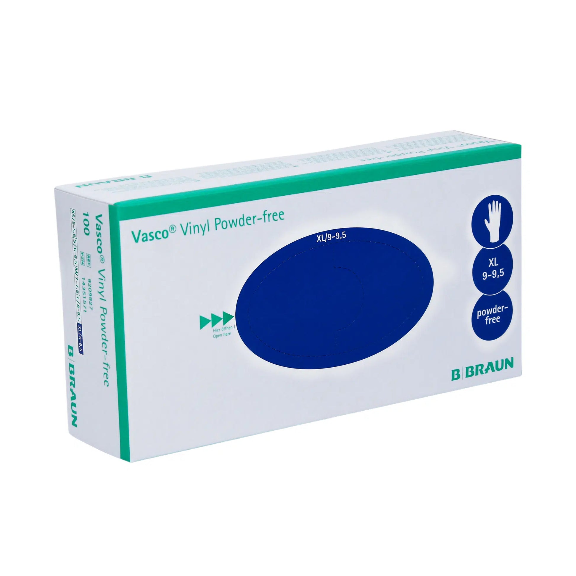 Eine Schachtel B. Braun Vasco® Vinyl Puderfreie Einmalhandschuhe in Größe XL, präsentiert auf einem einfarbigen Hintergrund. Die Schachtel ist weiß mit grünen und blauen Akzenten und enthält Markenzeichen und Produktdetails von B. Braun Melsungen AG.