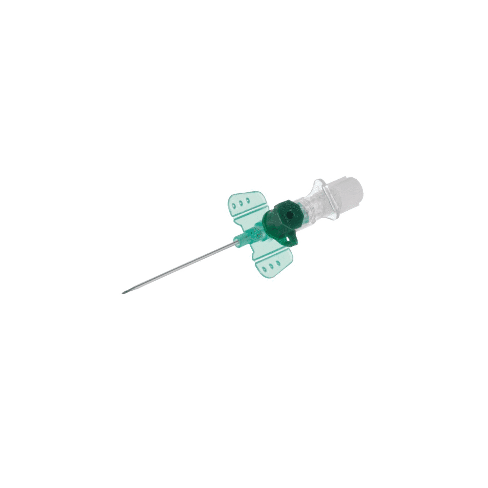 Ein medizinischer Katheter der B. Braun Melsungen AG mit einer grünen Schmetterlingsnadel und transparenten Flügeln vor einem schlichten weißen Hintergrund, ausgestattet mit einem Zuspritzport für zusätzliche Injektionen.