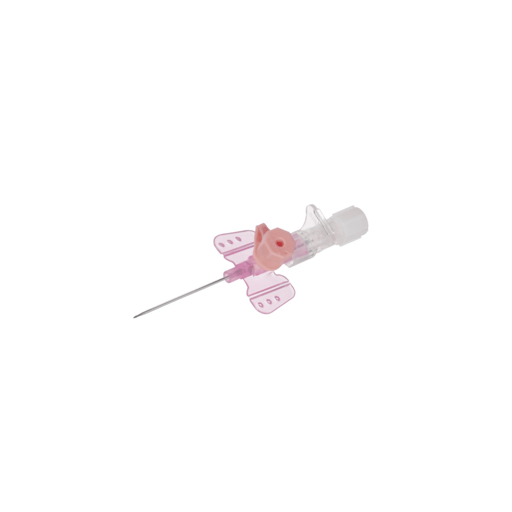 Eine B. Braun Vasofix® Braunüle® Venenverweilkanüle – 1 Stück, auch Flügelinfusionsset genannt, mit rosa Sicherheitsschutz und transparentem Zuspritzport, isoliert auf weißem Hintergrund.