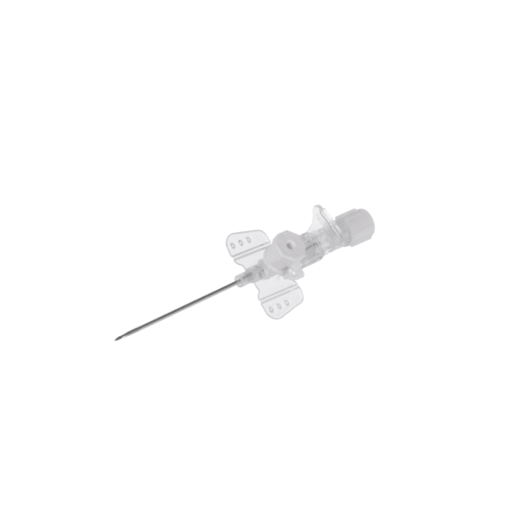 Eine transparente B. Braun Vasofix® Braunüle® Venenverweilkanüle mit einer Nadel, abgebildet auf einem schlichten weißen Hintergrund, mit intakter Schutzkappe und sichtbaren Sicherheitslaschen.