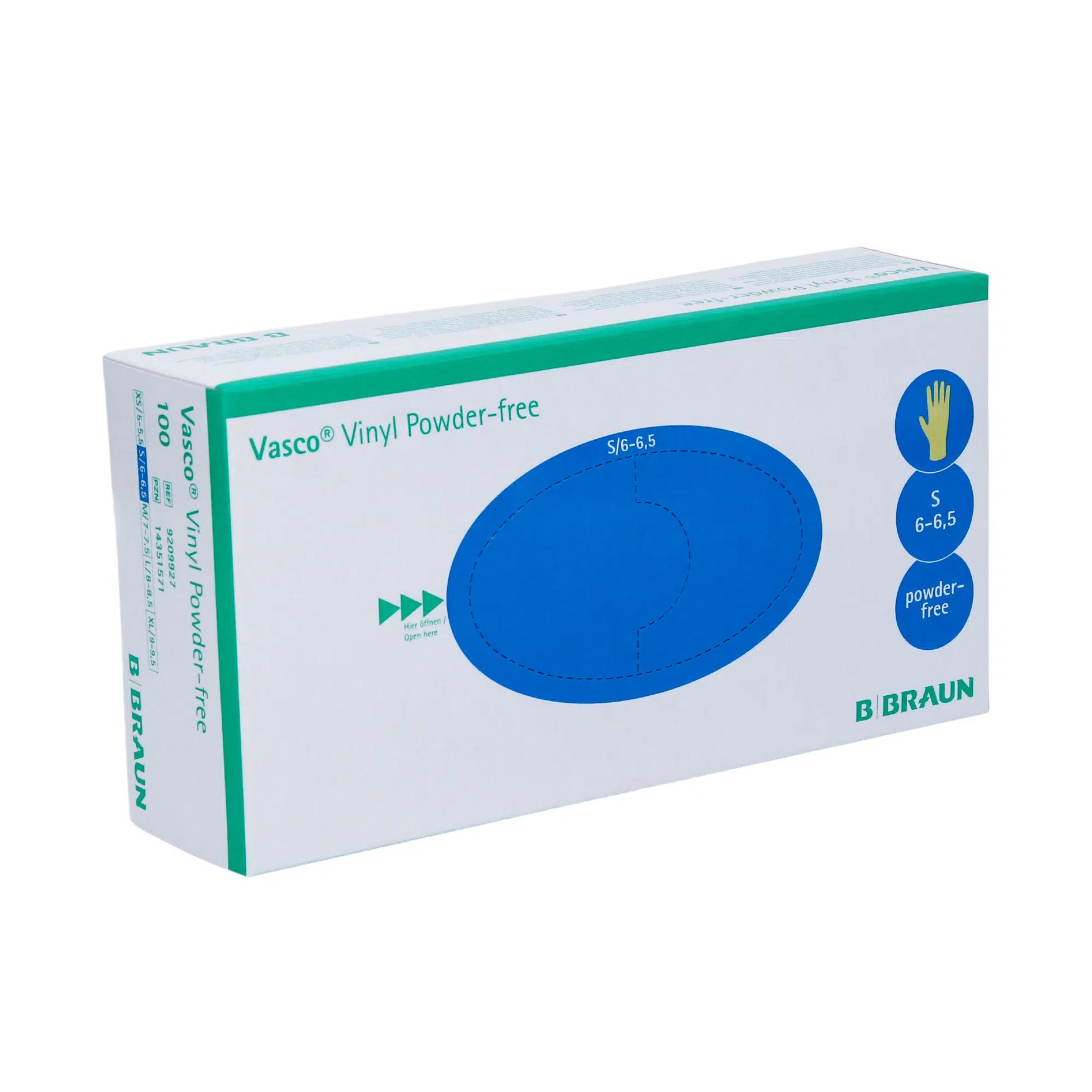 Eine Schachtel B. Braun Vasco® Vinyl Puderfreie Einmalhandschuhe von B. Braun Melsungen AG, hauptsächlich weiß mit blauen und grünen Akzenten. Die Schachtel gibt Handschuhgröße 6,5-6,5s an.