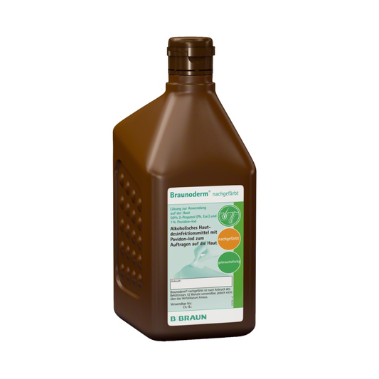 Eine Flasche B. Braun Braunoderm® Hautdesinfektionsmittel, nachgefärbt in einem braunen Kunststoffbehälter mit grün-weißem Etikett, das die alkoholbasierte Formel hervorhebt, die sich zur präoperativen Hautvorbereitung eignet.