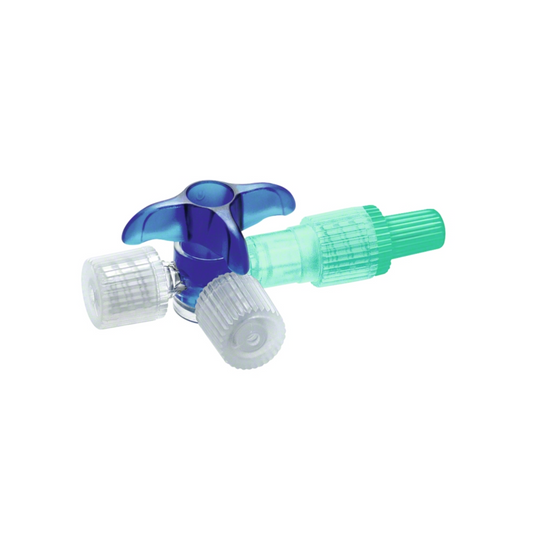 Ein B. Braun Discofix® C Dreiwegehahn, 1 Stück, blau mit transparenten und blauen Teilen zur Kontrolle des Flüssigkeits- oder Gasflusses bei der Infusionstherapie.