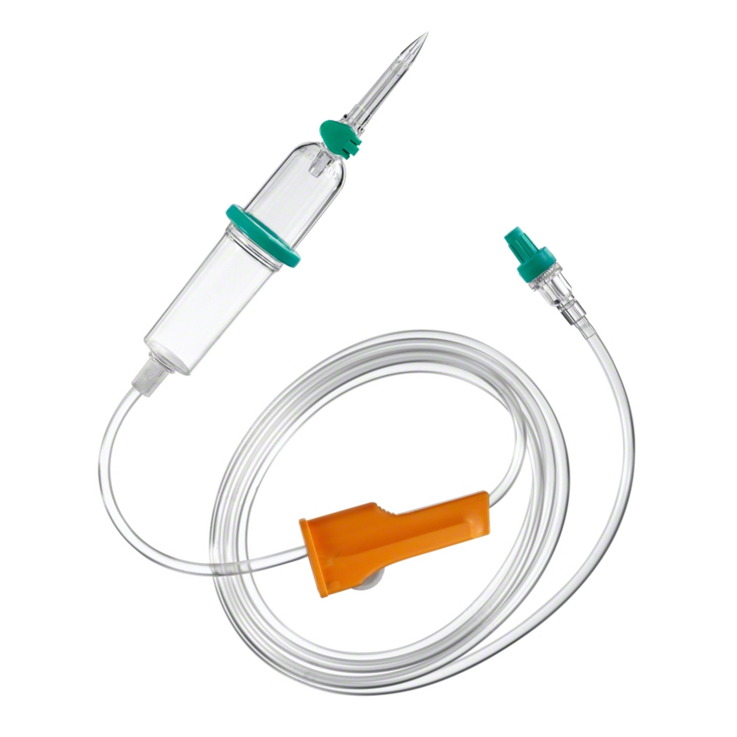 The B.Braun Intrafix® SafeSet Neutrapur (PUR) Premium Infusion Device by B. Braun Deutschland GmbH & Co. KG features a transparent drip chamber, a 180 cm long transparent spiral tube, an orange roller clamp for precise flow control, and a green connector at the end. Additionally, it includes an AirStop filter membrane suitable for pressure and gravity infusions.
