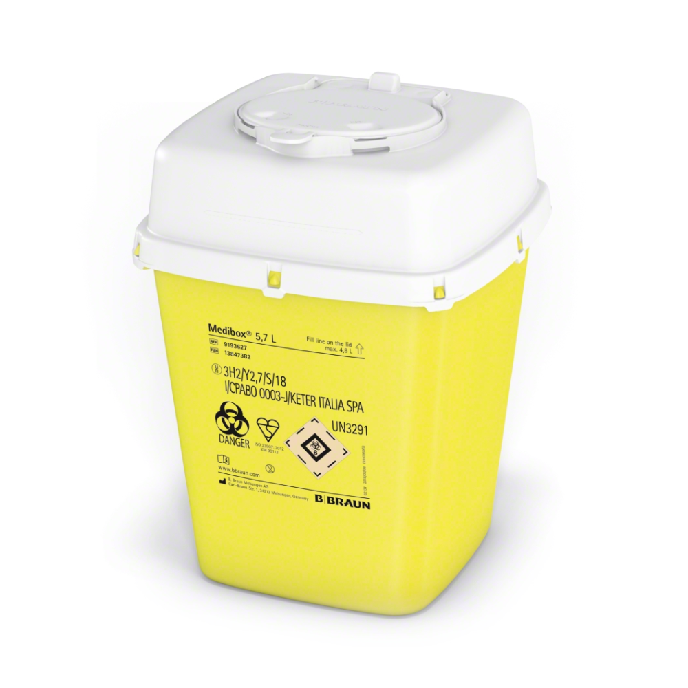 Pictured is a yellow B. Braun Medibox® needle disposal from B. Braun Deutschland GmbH & Co. KG with a white lid. This needle disposal container for medical syringes is labeled to indicate hazardous waste and has a capacity of 5.7 liters, ensuring the safe disposal of used needles.