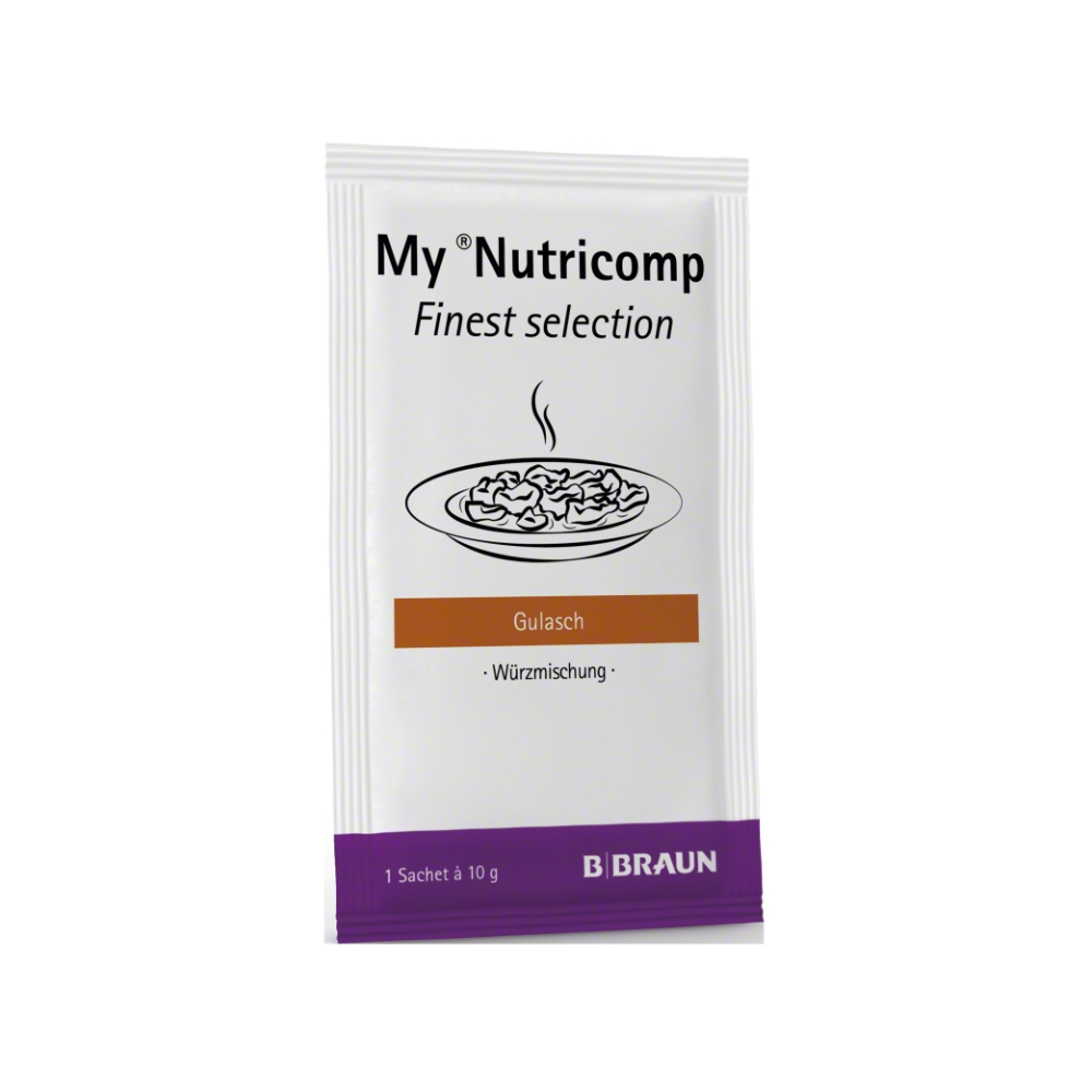 Ein Beutel der B. Braun My Nutricomp Finest Selection Gewürzmischung „Gulasch - Würzmischung“ der B. Braun Deutschland GmbH & Co. KG weist eine überwiegend weiße Verpackung mit schwarzem Text und der Abbildung einer dampfenden Schüssel auf, die an kulinarische Kreationen von Alfons erinnert Schuhbeck.