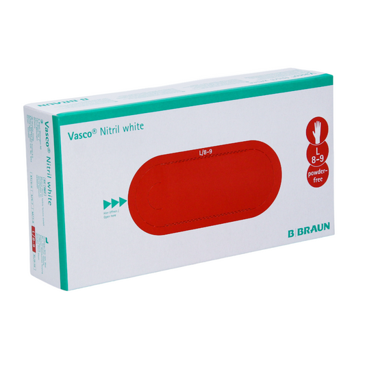Eine Schachtel B. Braun Vasco® Nitril weiße Einmalhandschuhe, Größe groß (8-9), gekennzeichnet als puderfrei und latexfrei, hergestellt von B. Braun Melsungen AG. Die Verpackung ist