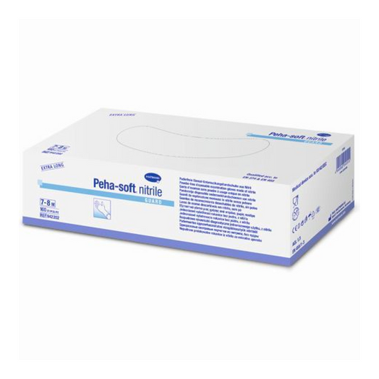Eine Schachtel B. Braun Peha-soft® Nitril Guard Einmalhandschuhe, Größe 7-8 Medium, vor weißem Hintergrund. Die Schachtel ist hauptsächlich weiß und blau gehalten und enthält einen Text mit detaillierten Produkteigenschaften von Paul Hartmann AG.