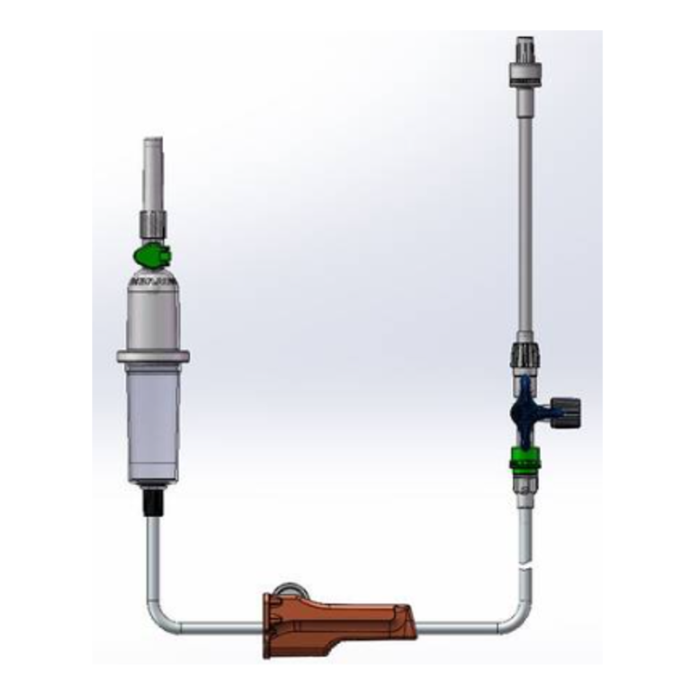 Illustration of a sanitary system with connected pipes and valves. The system consists of a vertical cylindrical component with a pressure gauge and a B.Braun ProSet Intrafix Primeline infusion set, 180 cm from B. Braun Deutschland GmbH & Co. KG, which includes connectors and has a brown casing at the base.
