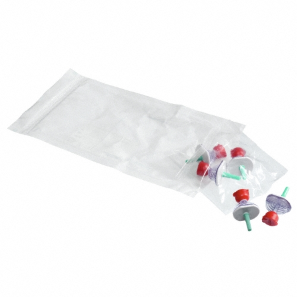 A transparent plastic bag with several B.Braun ProSet injection and withdrawal spike Mini-Spike® green (1x5 pcs.) from B. Braun Deutschland GmbH & Co. KG, designed for contamination-free withdrawal and safe medication handling, on a white background.