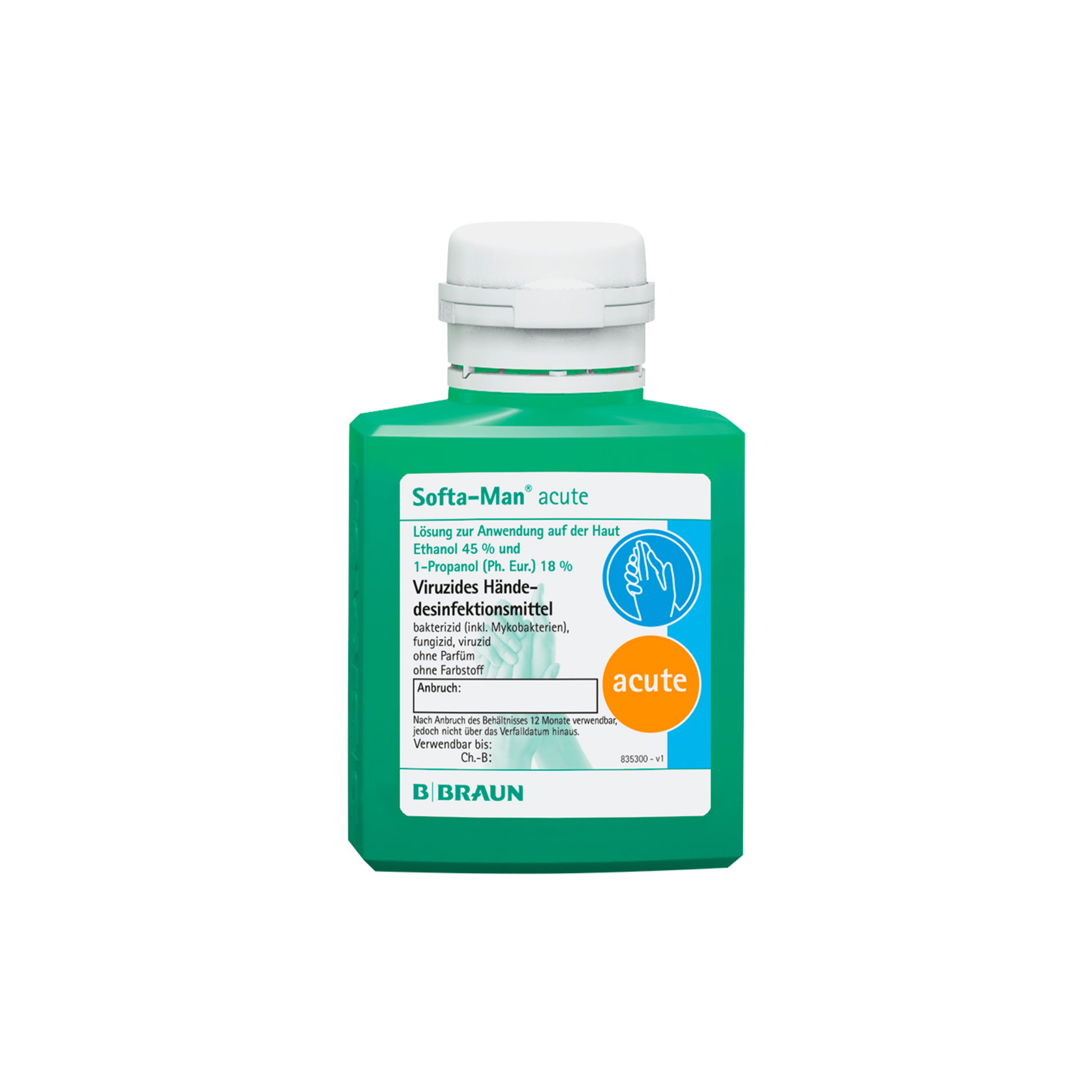 Eine Flasche B. Braun Softa-Man® akut Händedesinfektionsmittel mit deutscher Beschriftung, ausgestattet mit einem weißen Verschluss und einem grünen Etikett mit Anwendungs- und Inhaltsangaben. Die Flasche steht auf einem weißen Hintergrund.