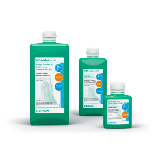 Drei Flaschen B. Braun Softa-Man® acute Händedesinfektionsmittel in verschiedenen Größen, beschriftet mit dem Logo und Text der B. Braun Melsungen AG, präsentiert auf einem schlichten weißen Hintergrund.