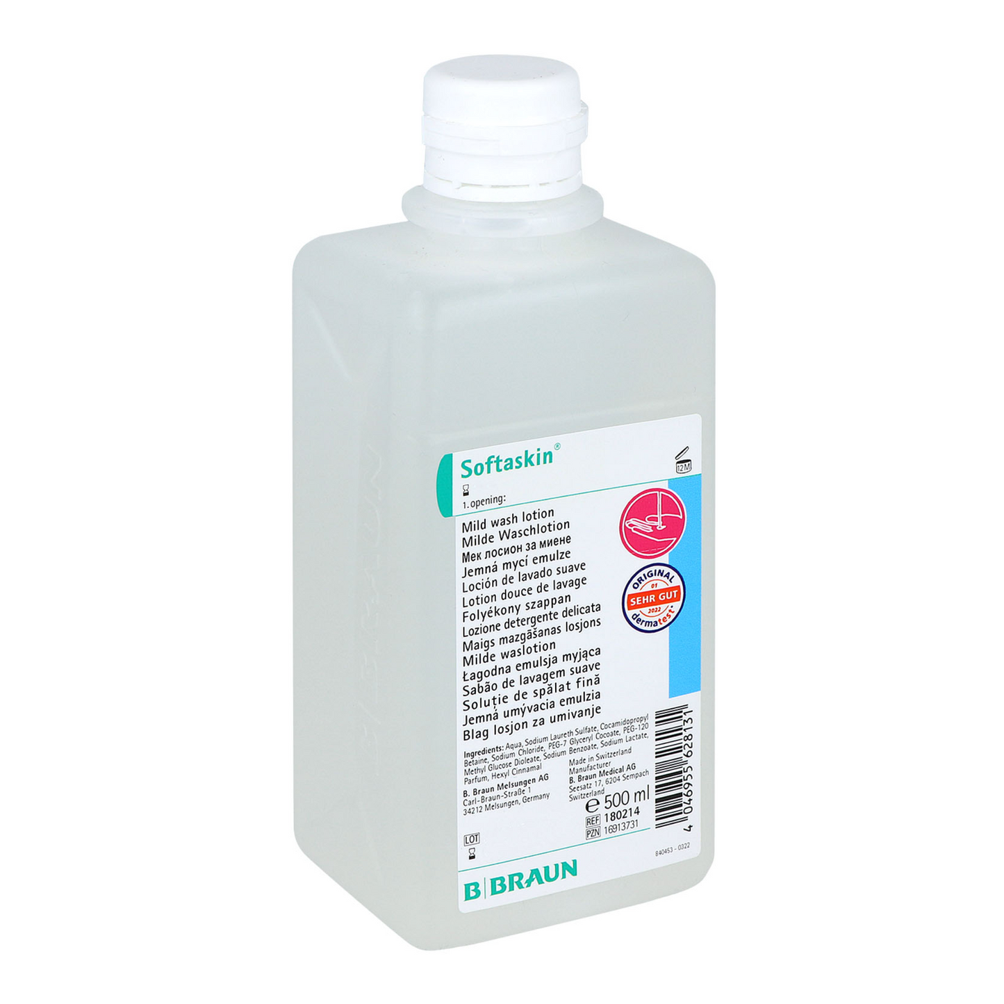 Eine 500 ml Plastikflasche B. Braun Softaskin® Waschlotion hat einen weißen Verschluss und ein Etikett mit Produktinformationen in mehreren Sprachen. Das B. Braun-Logo und das „Barrier Effect“-Symbol sind deutlich zu erkennen, was die Mikroplastikfreiheit und Umweltfreundlichkeit der Flasche garantiert. Die Marke ist B. Braun Deutschland GmbH & Co. KG.