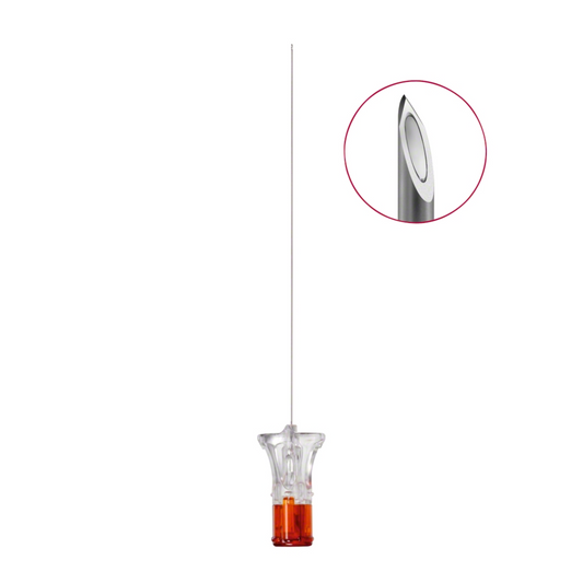B. Braun Melsungen AG Spinocan®, 0,53 x 88 mm Spritzennadel mit einer detaillierten Nahaufnahme der Nadelspitze, rot umrandet, auf weißem Hintergrund. Die Spritze hat einen transparenten Körper und eine orangefarbene Basis. Diese ist kompatibel.