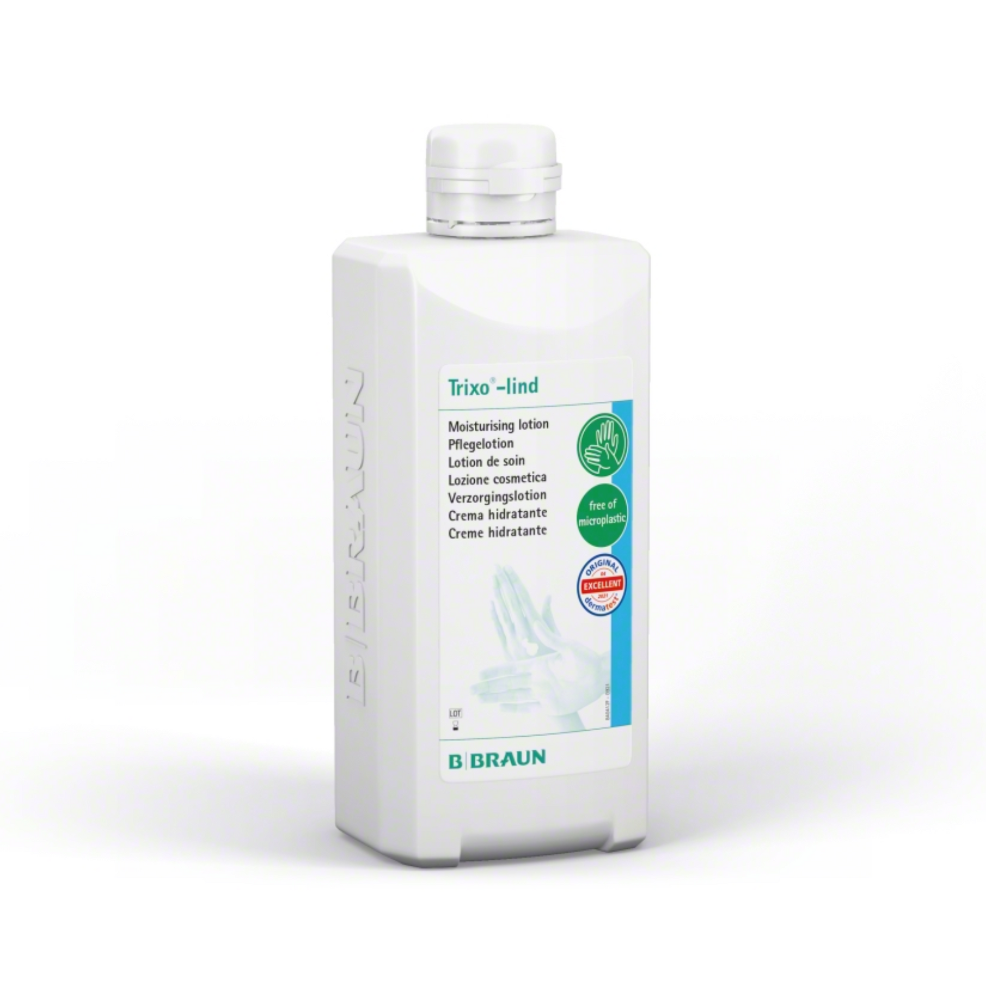 Weiße Flasche B. Braun Trixo®-lind Pflegelotion der B. Braun Melsungen AG mit grünem Etikett und Handabbildung. Das Produkt ist als parfümfrei und hautschützend gekennzeichnet.