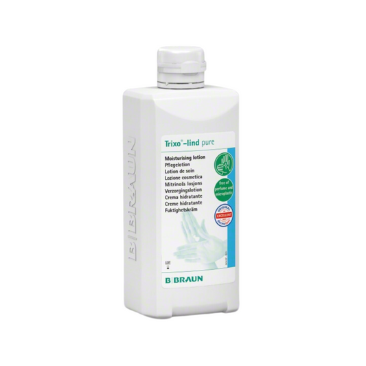 Eine Flasche B. Braun Trixo®-lind pure Pflegelotion 100 ml Dose von B. Braun Melsungen AG, mit weißem Etikett mit grünen Akzenten und Text in mehreren Sprachen. Die Flasche hat einen Klappverschluss und ist