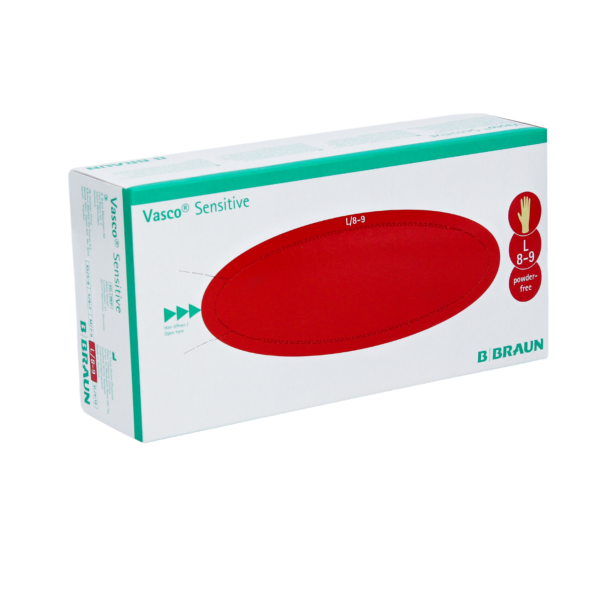 Eine Schachtel B. Braun Vasco® Sensitive Latex-Untersuchungshandschuhe von B. Braun Melsungen AG, Größe L (8-9), gekennzeichnet als puderfrei und hervorgehoben mit einer ovalen roten Grafik. Die Verpackung ist hauptsächlich weiß mit Grün.