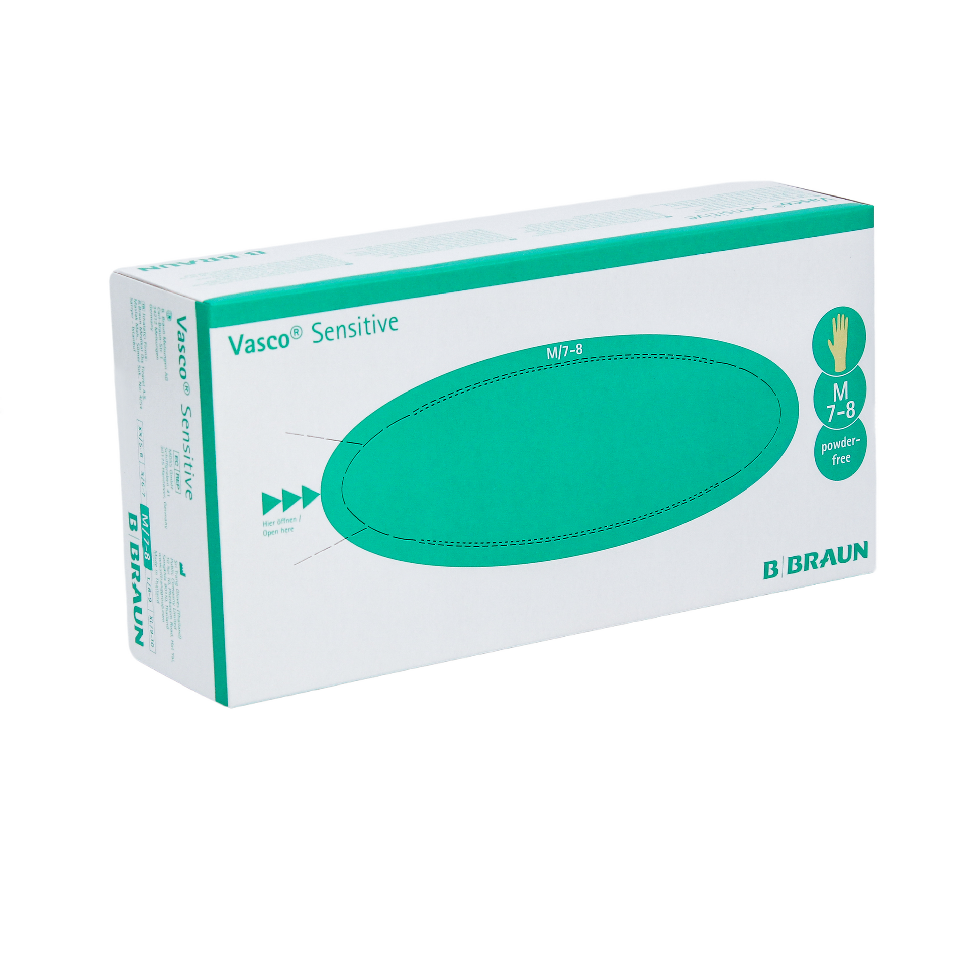 Eine Schachtel B. Braun Vasco® Sensitive Latex-Untersuchungshandschuhe von B. Braun Melsungen AG auf weißem Hintergrund. Die Verpackung ist überwiegend weiß mit grünen Akzenten und Text.