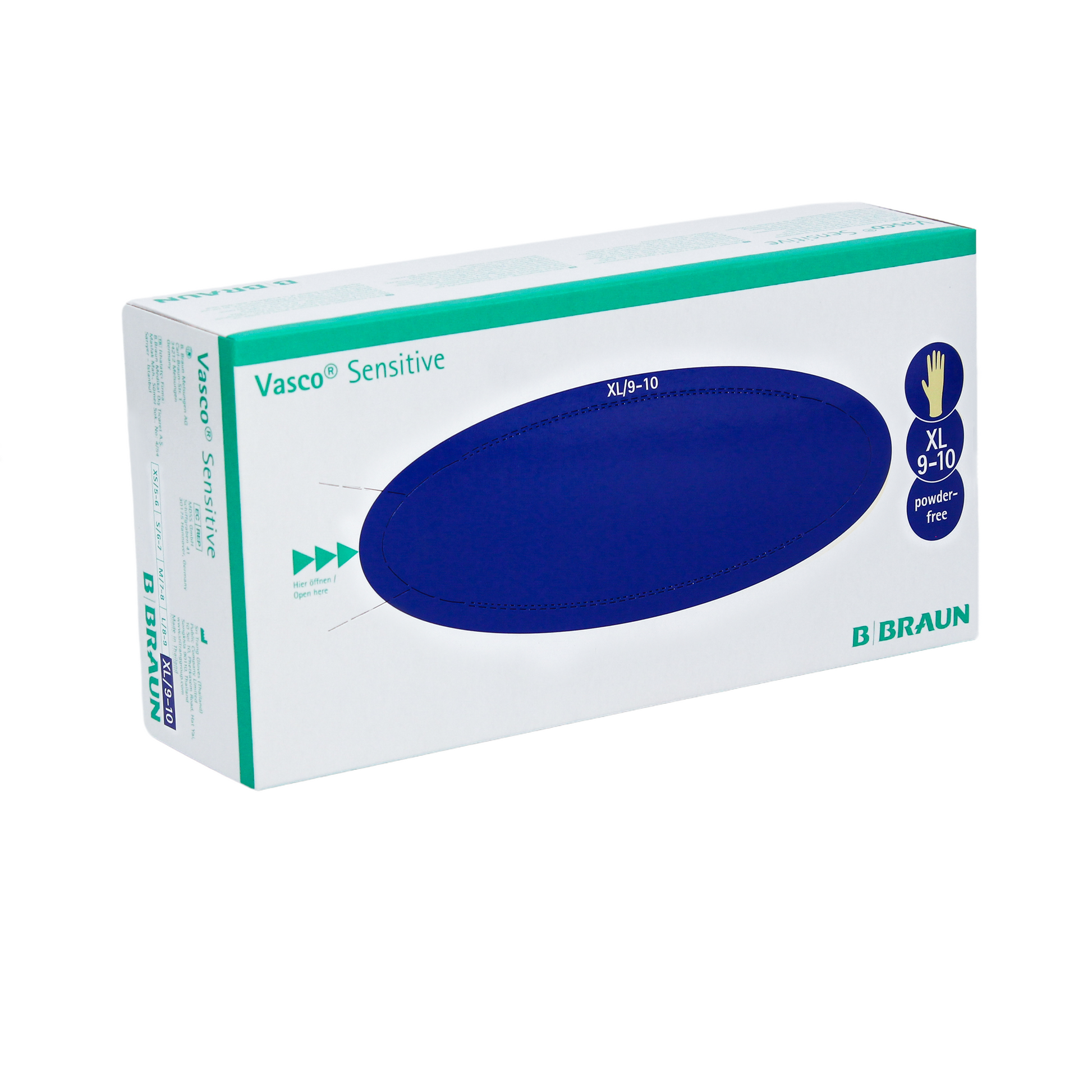 Eine Schachtel B. Braun Vasco® Sensitive Latex- Untersuchungshandschuhe, XL Größe 9-10 Nitril Einmalhandschuhe von B. Braun Melsungen AG, gekennzeichnet als puderfrei. Die Verpackung ist hauptsächlich weiß mit einem blauen