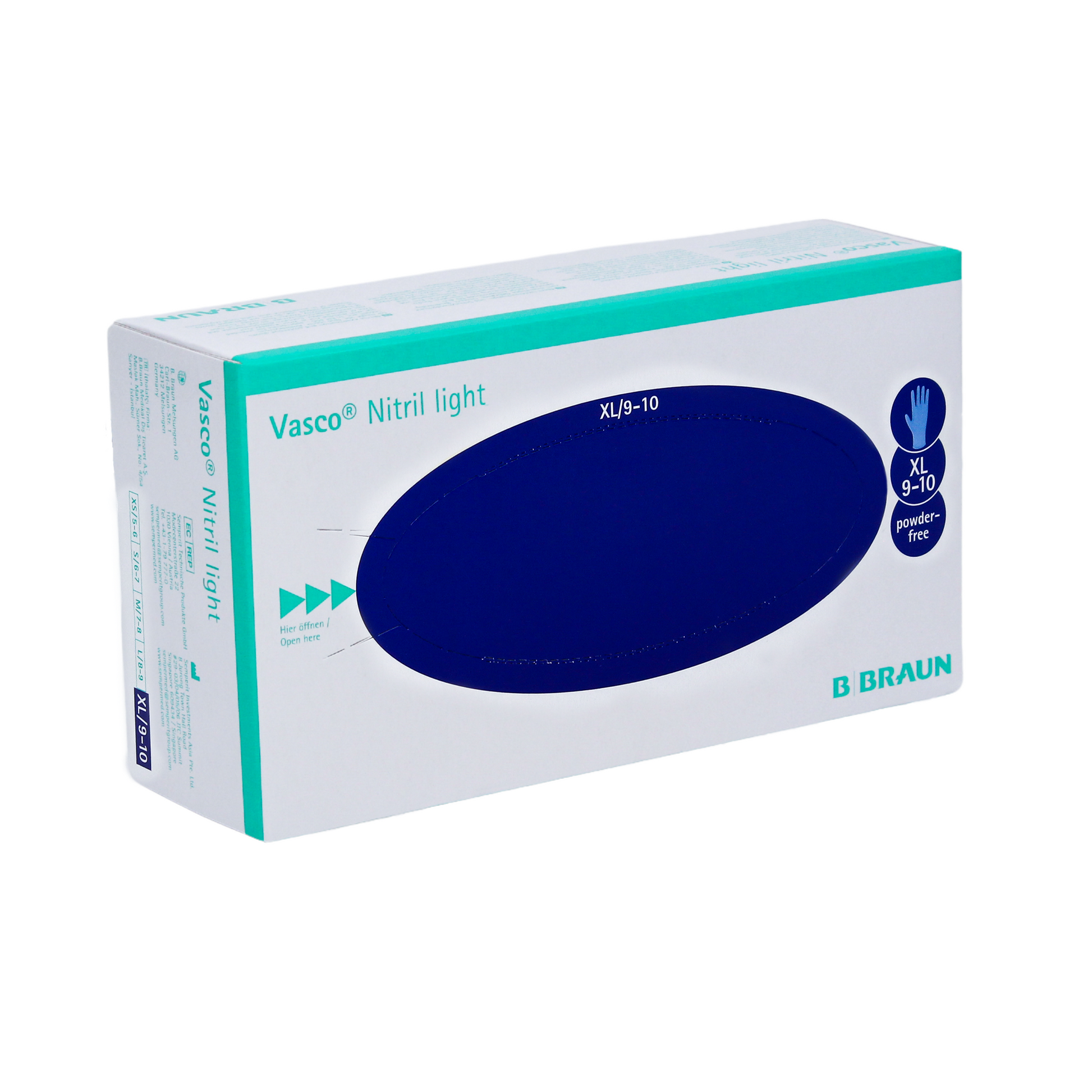 Eine Schachtel B. Braun Vasco® Nitril light Untersuchungshandschuhe in Größe XL, mit einem überwiegend weißen und blaugrünen Design mit einem großen blauen Oval und einem Text zur Produktbeschreibung.
