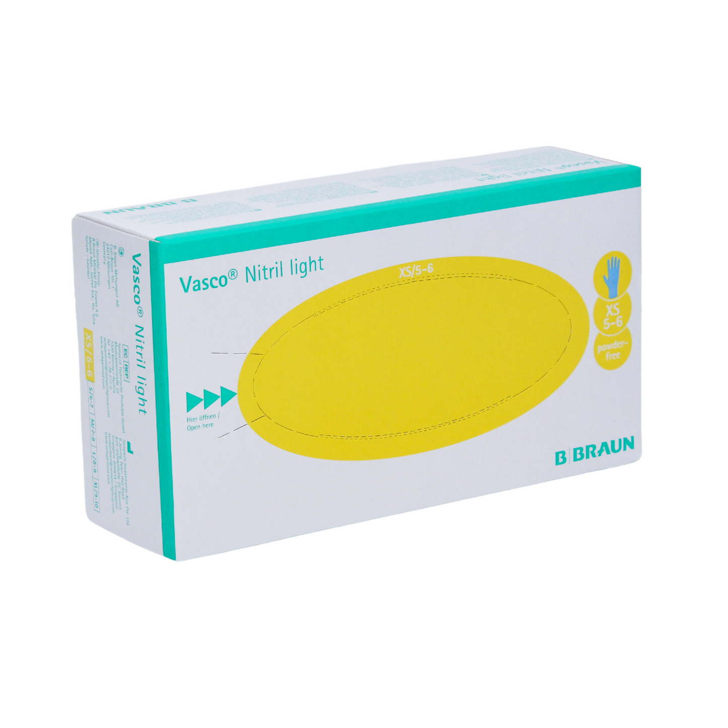 The image shows a box of B. Braun Vasco® Nitril light examination gloves from B. Braun Deutschland GmbH & Co. KG. The packaging is mainly white, adorned with a large yellow oval and text indicating size XS (5-6). These are latex-free, powder-free medical gloves, ideal for hygienic applications and available in quantities of 100/90 pieces.