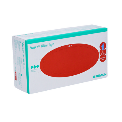 The display shows a box of B. Braun Vasco® Nitril light examination gloves, predominantly in white packaging with blue-green and red accents. These powder-free gloves are labeled as size 8-9 and are perfect for medical applications. The B. Braun logo is located in the lower right corner.