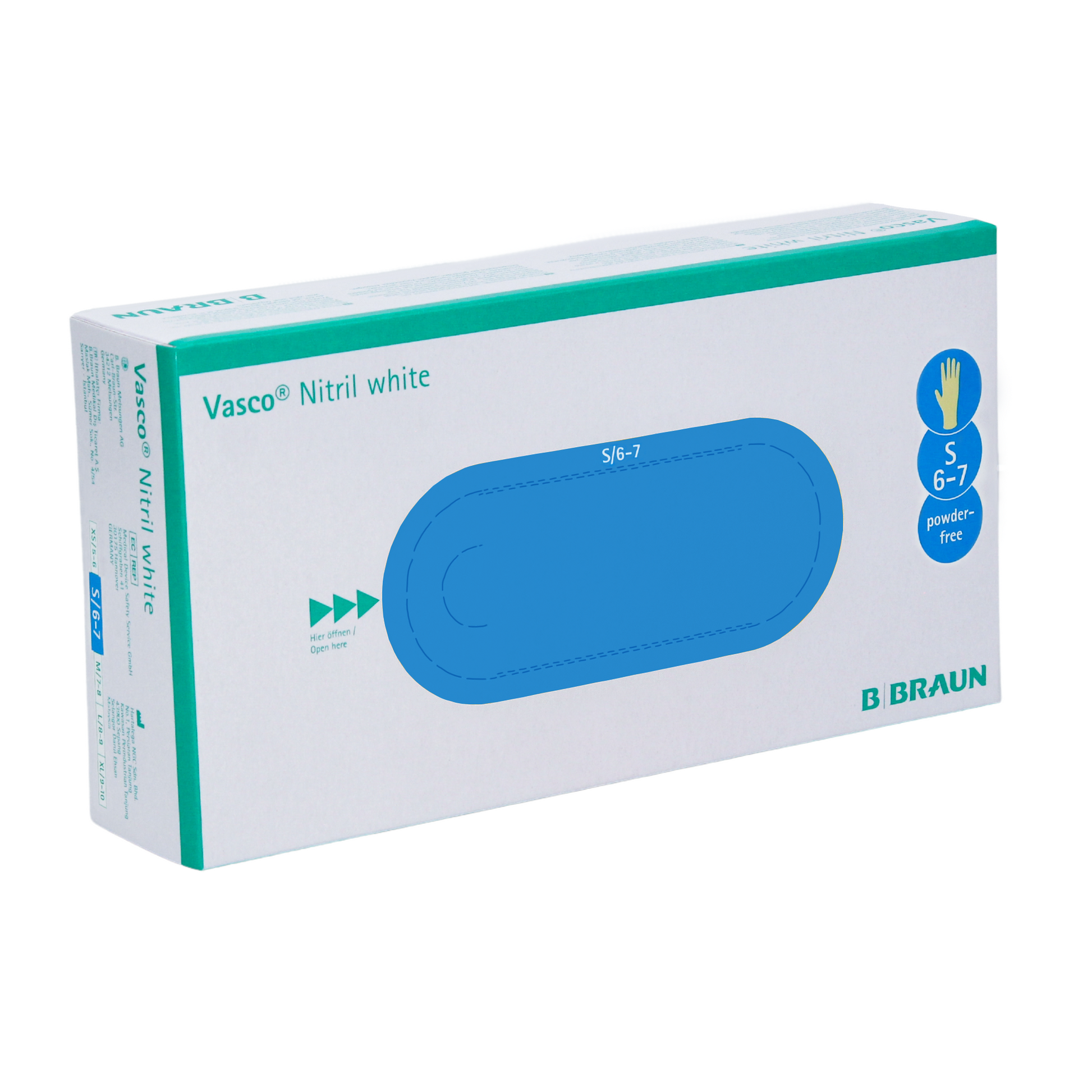 Eine Packung B. Braun Vasco® Nitril weiße Einmalhandschuhe, Größe 6-7, präsentiert in einem horizontalen blau-weißen Karton von B. Braun Melsungen AG.