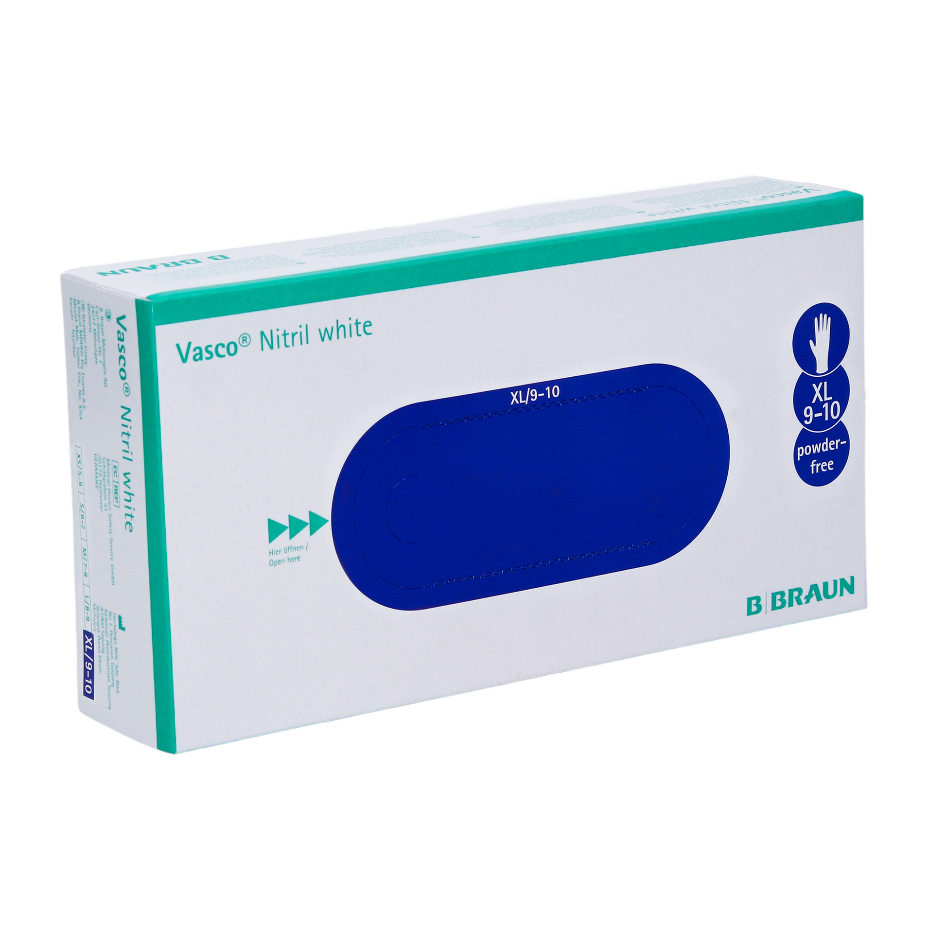 Eine Schachtel B. Braun Vasco® Nitril weiße Einmalhandschuhe, Größe XL 9-10, puderfrei. Die Schachtel ist überwiegend weiß und blau mit Produkt- und Markenangaben der B. Braun Melsungen AG.