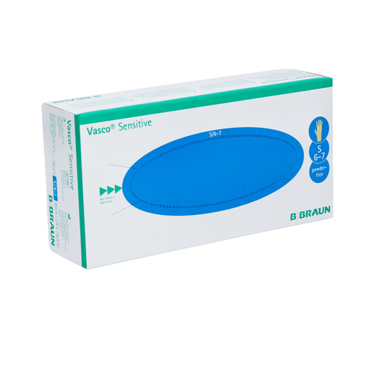 Eine Schachtel B. Braun Vasco® Sensitive Latex-Untersuchungshandschuhe in Größe S, mit einem blaugrünen und weißen Farbschema und einem blauen ovalen Design, das 5–7 Gramm Perfect von B. Braun Melsungen AG anzeigt.