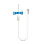The B. Braun Venofix® safety needle (0.8 x 19 mm, 21G) from B. Braun Deutschland GmbH features a blue wing section, a transparent connection, and a flexible tube with a white cap for efficient venipuncture and blood collection.