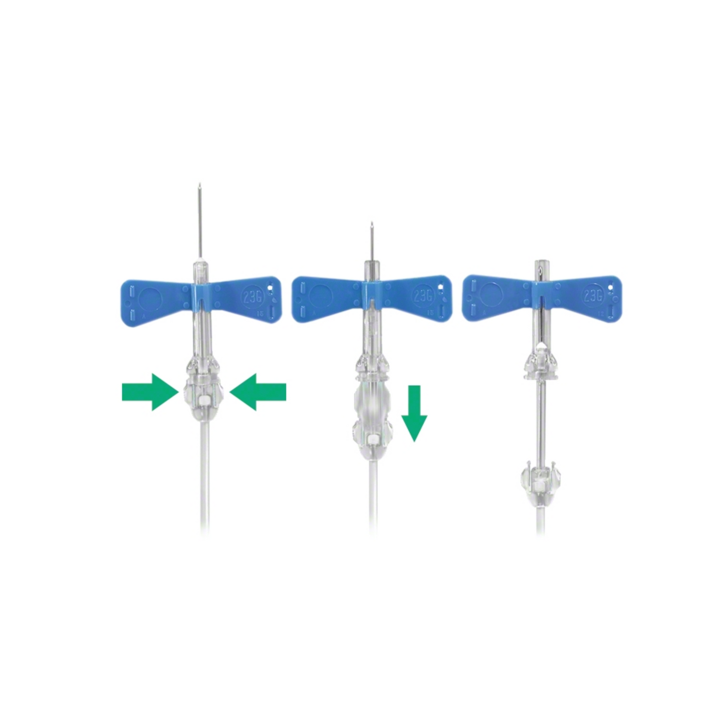 Depicted are three B. Braun Venofix® safety needle sets with blue butterfly wing handles and transparent connections. Green arrows guide the connecting/removing during blood collection.