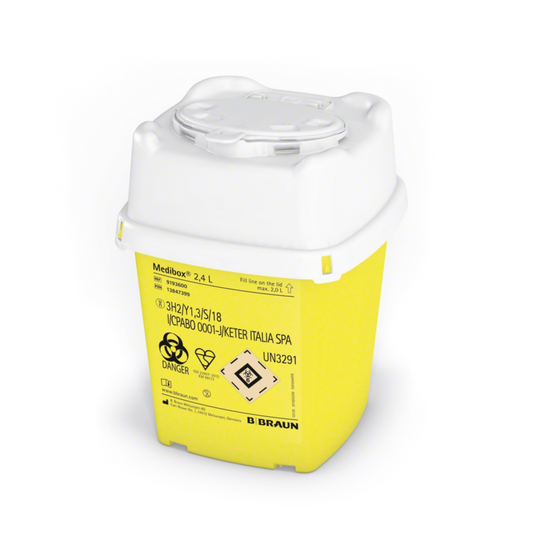 Weiß-gelber Sondermüllbehälter mit Sicherheitsetiketten, speziell für den medizinischen Einsatz, hergestellt von B. Braun Melsungen AG. Er ist ideal für B. Braun Medibox® Kanülenabwurf und andere medizinische.