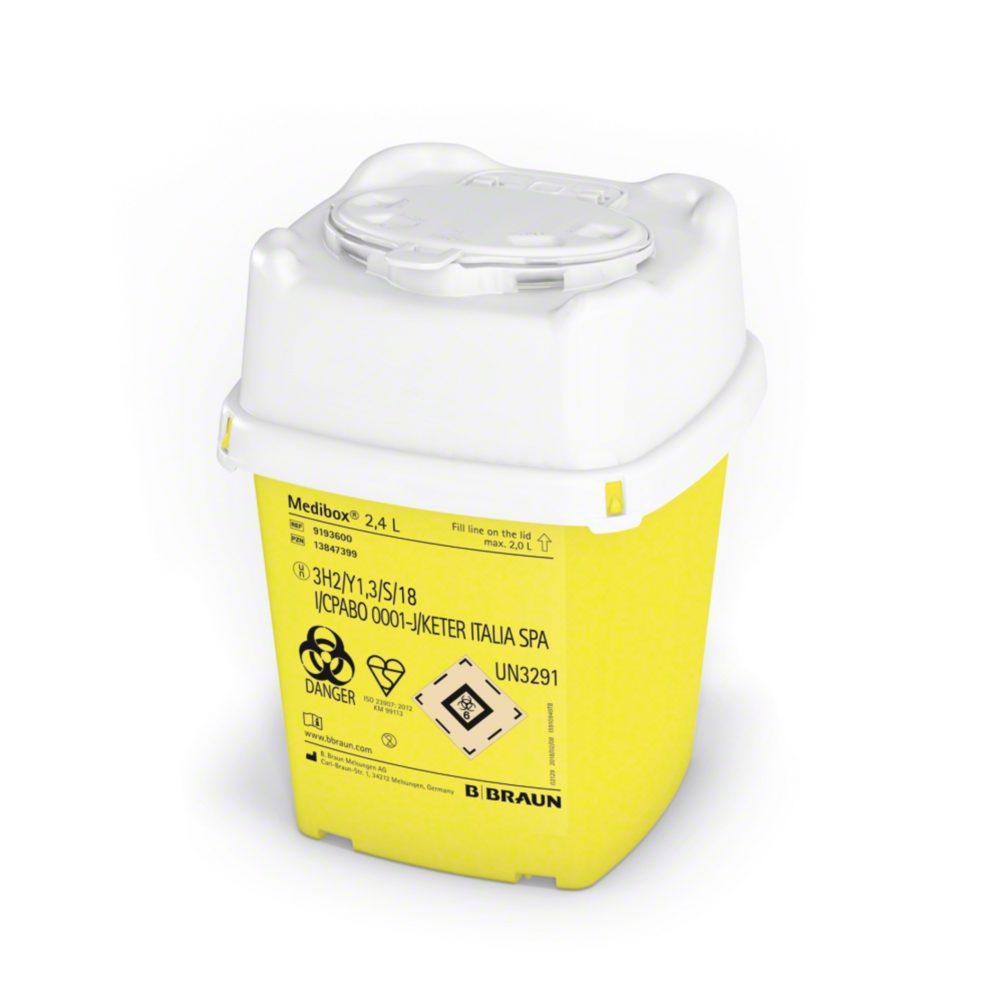 The B. Braun Medibox® needle disposal, a brand of B. Braun Deutschland GmbH & Co. KG, is a yellow-white needle disposal container made of plastic with a label featuring hazard and biohazard symbols. It is designed for medical disposal and has a secure lid for the safe disposal of medical needles.