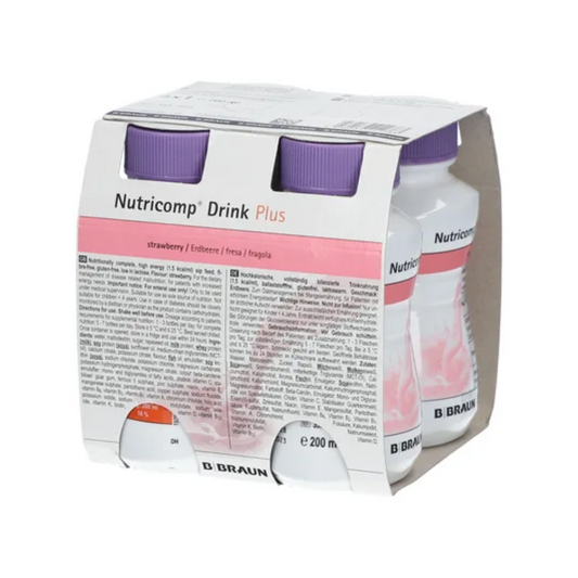 Eine Packung B. Braun Nutricomp® Drink Plus – Hochkalorische Trinknahrung mit Erdbeergeschmack, untergebracht in einer weiß-rosa Pappschachtel mit zwei auffälligen violetten Verschlüssen. Die Schachtel enthält Nährwertangaben und das Logo der B. Braun Melsungen AG.