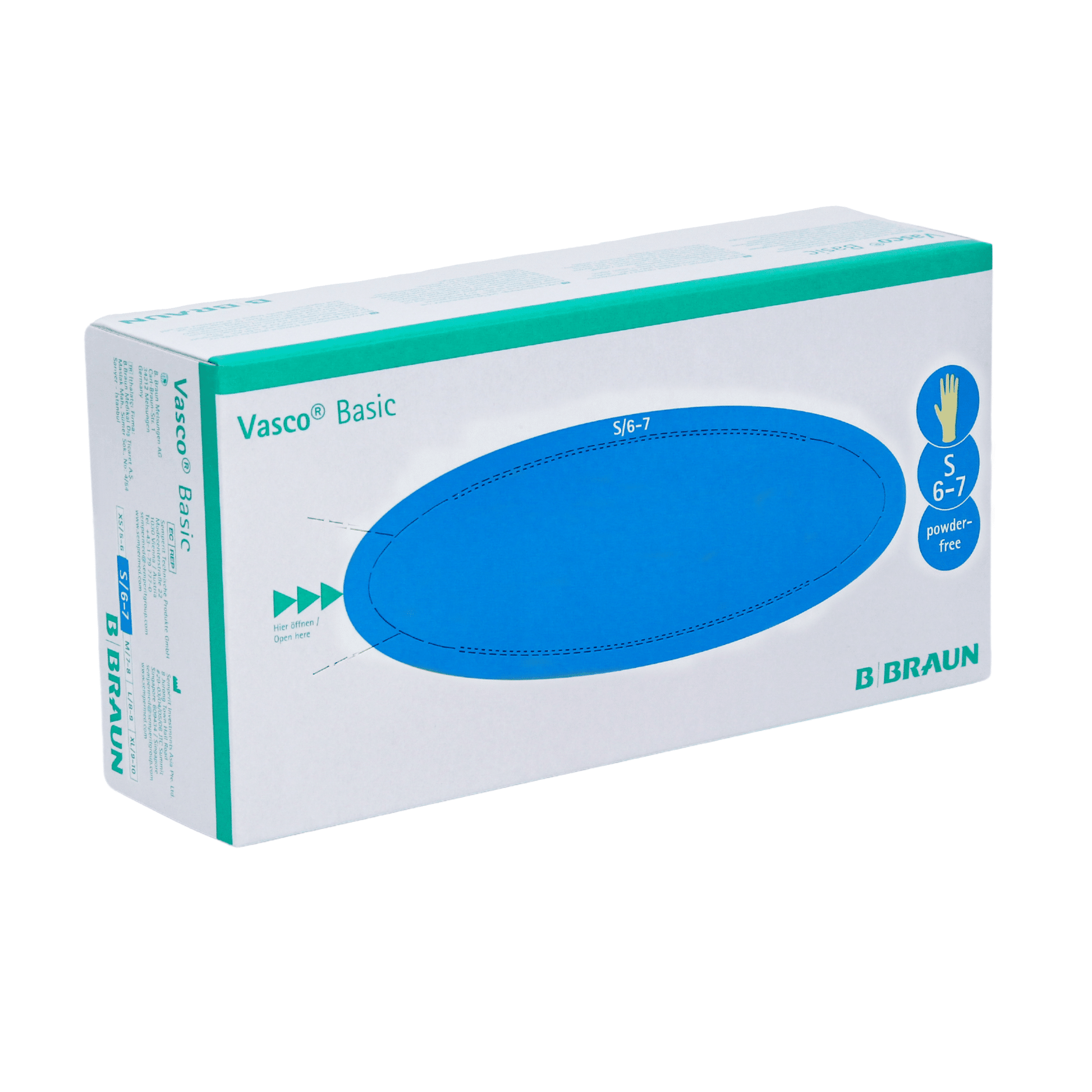 Eine Schachtel Vasco® Basic Untersuchungshandschuhe von B. Braun Melsungen AG, Größe S 5-6. Die Schachtel ist blaugrün und weiß mit Markenaufdruck und Angaben zur Handschuhgröße.